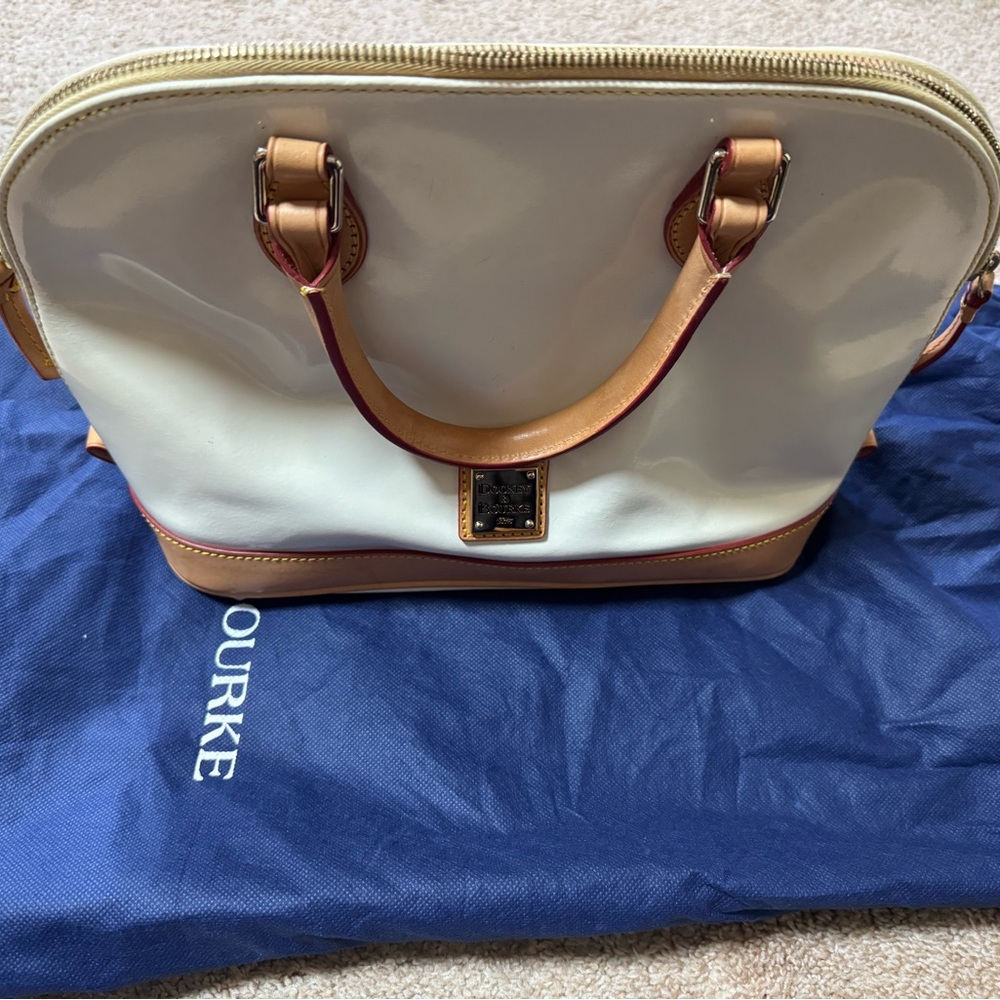 Dooney & Bourke Cream Patent Satchel with Tan Trim